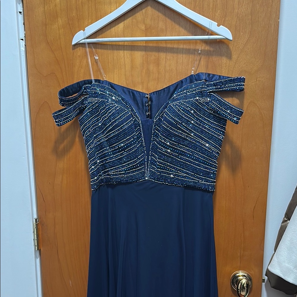 Elegant Navy Blue Off-Shoulder Dress